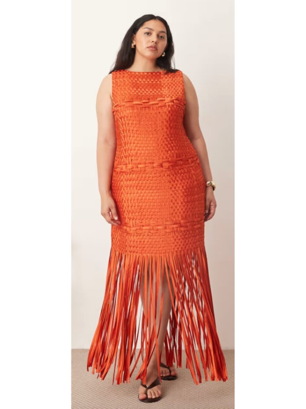 ASOS ARRANGE Orange Handwoven Fringe Dress Size 14 NWT Statement Midi